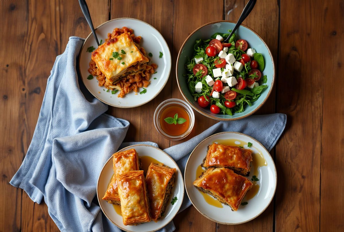 Una tavola imbandita con piatti tipici greci: moussaka, souvlaki, insalata greca con feta, spanakopita, dolmades e baklava, simboli della cucina ellenica e della dieta mediterranea
