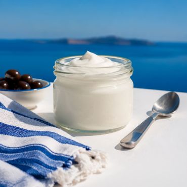Vasetto di yogurt greco su una tavola bianca affacciata sul mare