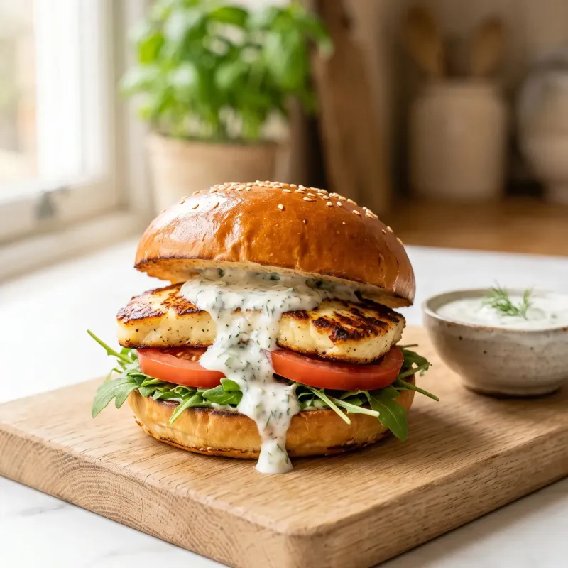 Burger di halloumi con salsa allo yogurt greco alle erbe