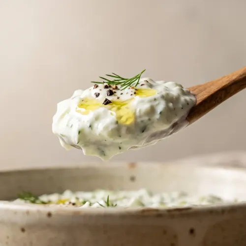 Cucchiaio di legno con salsa tzatziki allo yogurt greco con olio extravergine, aneto e pepe nero sopra una ciotola in ceramica
