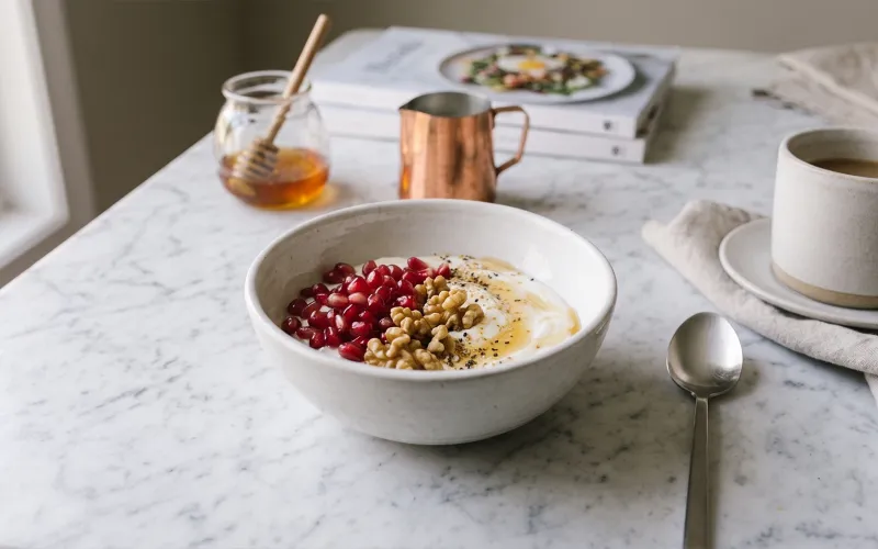Yogurt bowl proteica alla vaniglia con melograno, noci e miele