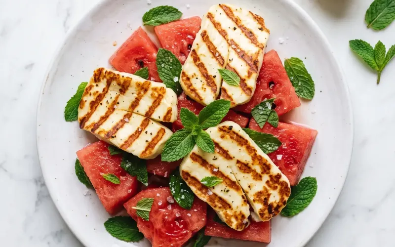 Fette di halloumi alla griglia con righe dorate su spicchi di anguria rossa e foglie di menta fresca
