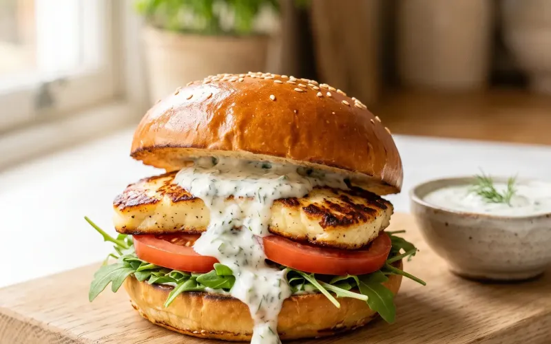 Burger vegetariano con fetta di halloumi grigliato dorato, rucola, pomodoro e salsa allo yogurt greco alle erbe su panino brioche