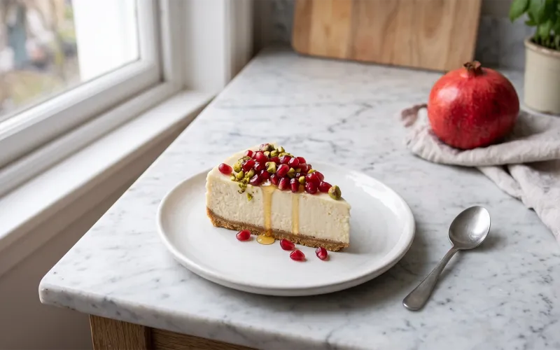 Fetta di cheesecake alla vaniglia con yogurt greco, melograno e pistacchi