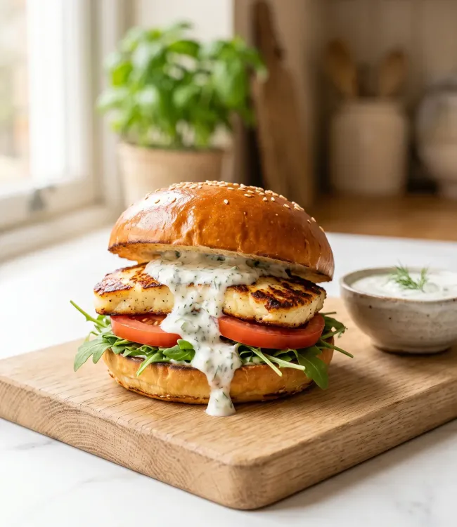 Burger di halloumi con salsa allo yogurt greco alle erbe