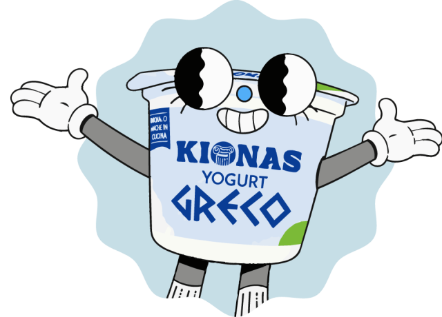 Mascotte Kionas a forma di vasetto di yogurt greco con braccia aperte