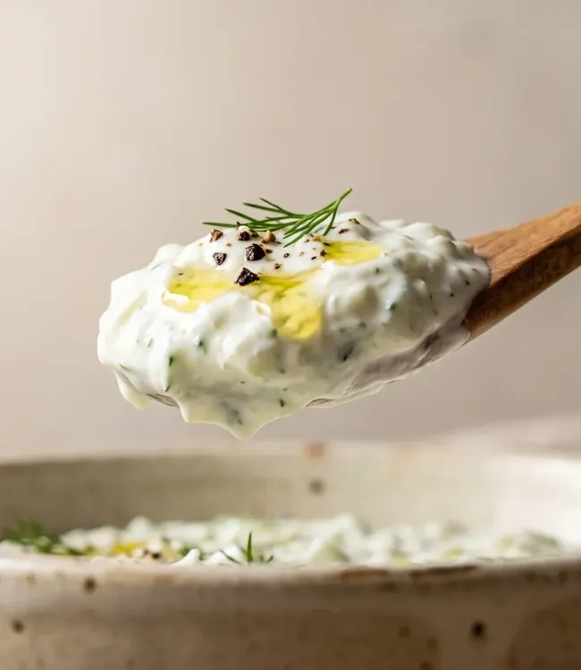 Cucchiaio di legno con salsa tzatziki allo yogurt greco con olio extravergine, aneto e pepe nero sopra una ciotola in ceramica