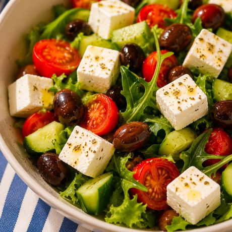 Insalata greca con feta, pomodorini, cetrioli, olive e verdure