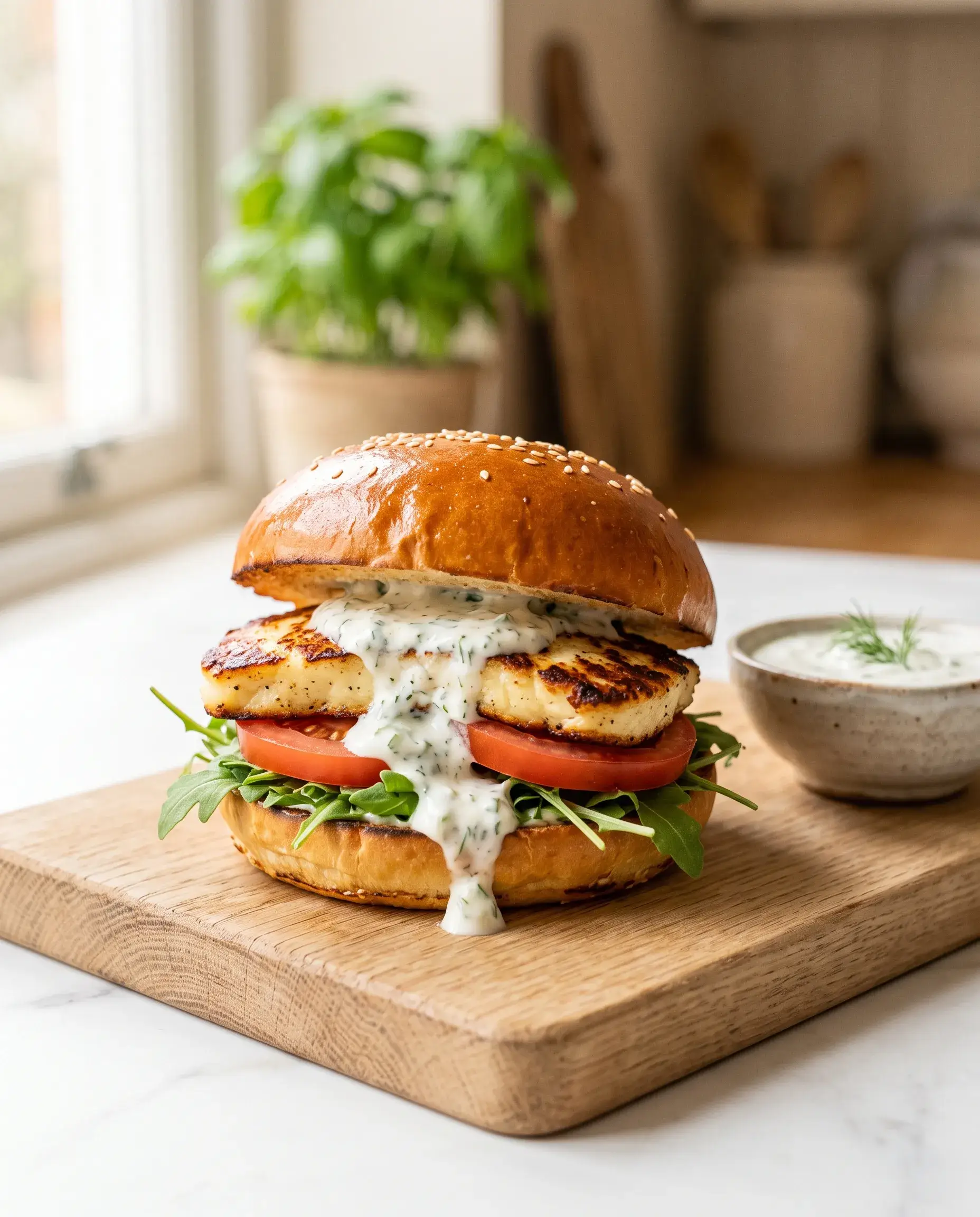 Burger di halloumi con salsa allo yogurt greco alle erbe