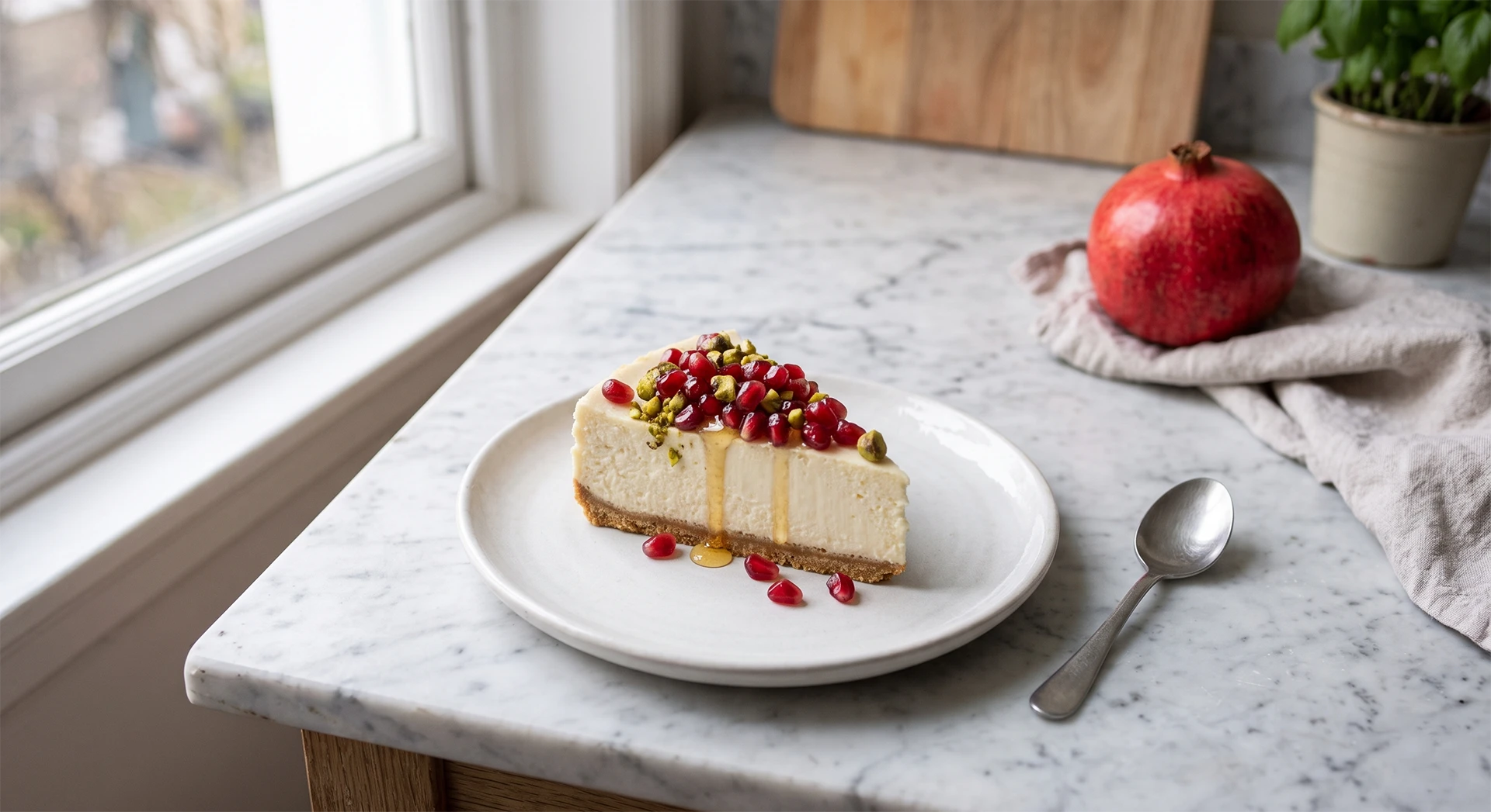 Cheesecake alla Vaniglia con Melograno e Pistacchi